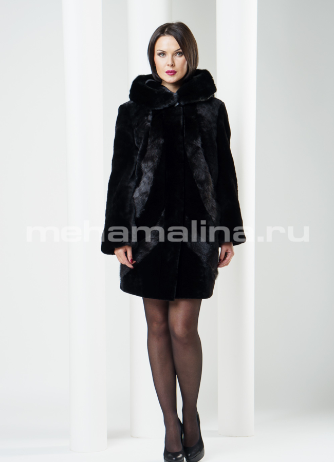 Шуба мутон с норковой отделкой модель № S-209 меха малина
