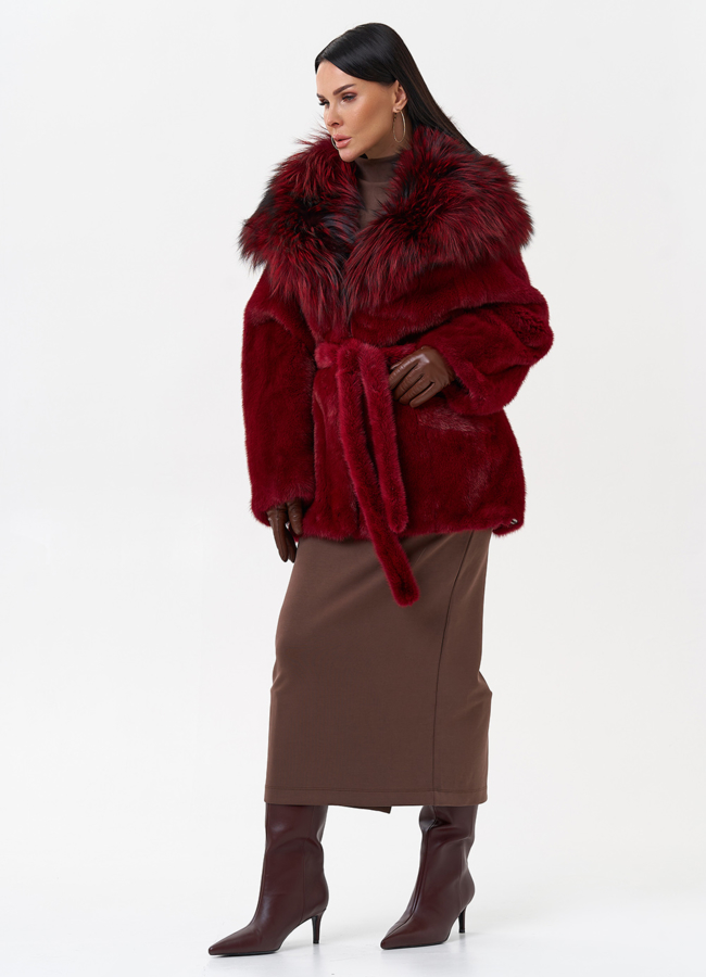 фото Бордовая шуба из норки модель № 29261