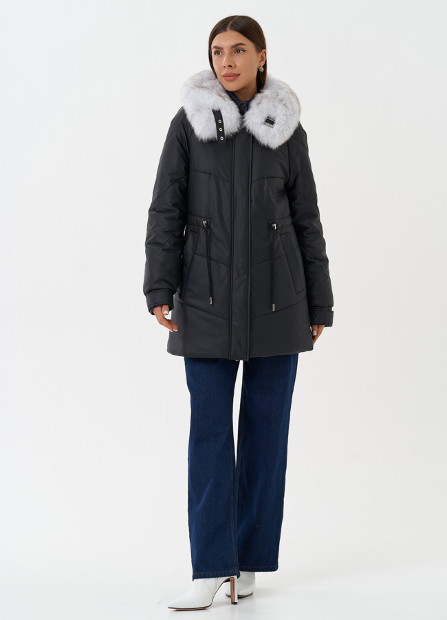 Пуховик из эко кожи с мехом модель № 27724 меха малина