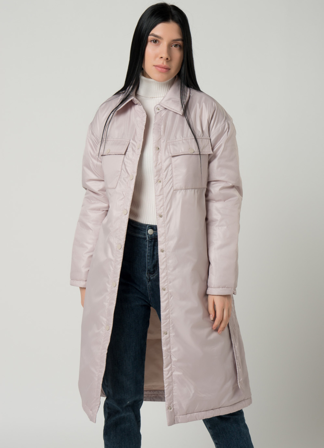 Женское пальто-рубашка бежевого цвета с поясом модель № 22390 универмаг малина