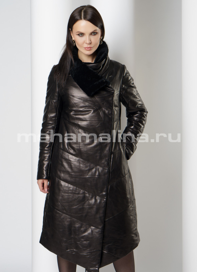 Пуховик из натуральной кожи на молнии с воротником, отделка овчина модель № 923 меха малина