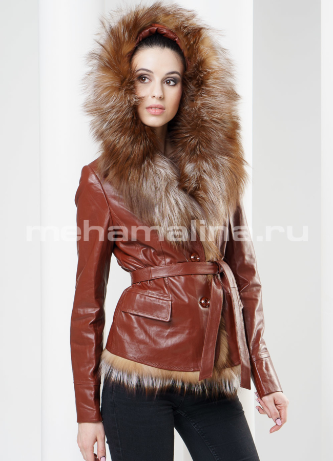фото Кожаная куртка, отделка по капюшону лиса модель № K-272