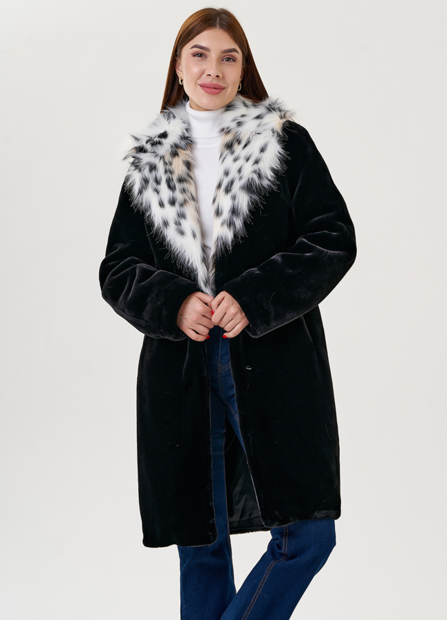 Полупальто черного цвета  с воротником из искусственной рыси  модель № 79438 универмаг малина