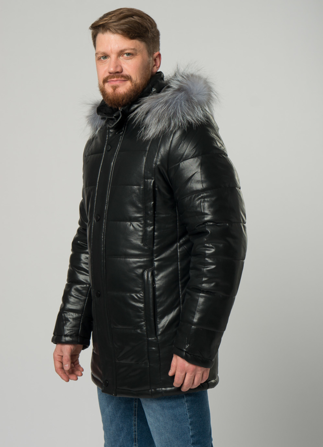 Мужской пуховик из эко кожи с капюшоном модель № 21877 универмаг малина