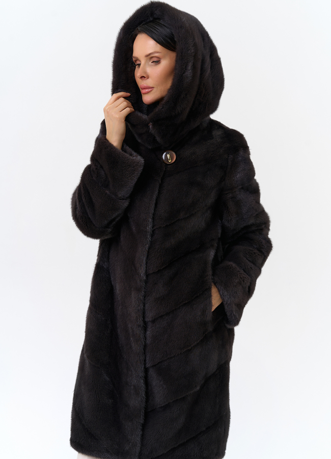 Норковая шуба с капюшоном модель № 25605 универмаг малина