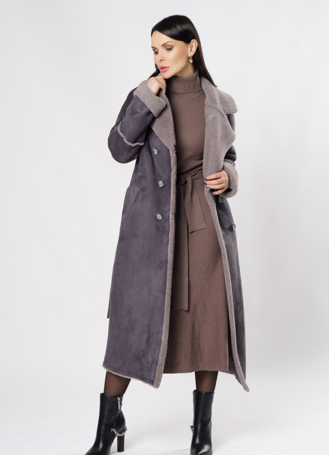 Удлиненная дубленка из эко кожи с поясом модель № 18264 универмаг малина