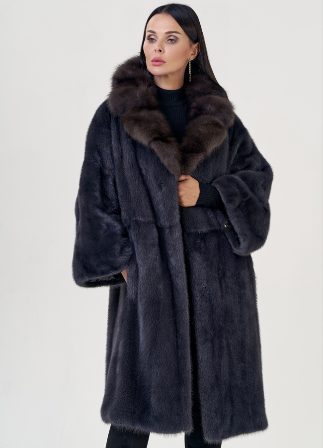 Шуба из норки с воротником из куницы модель № 76949 меха малина