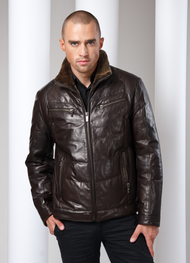 Кожаный пуховик модель № ПМ-28  меха малина