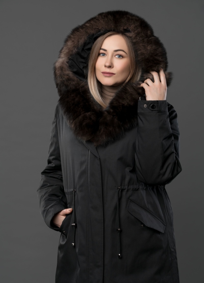 фото Парка в черном цвете с меховой отделкой модель № 9002