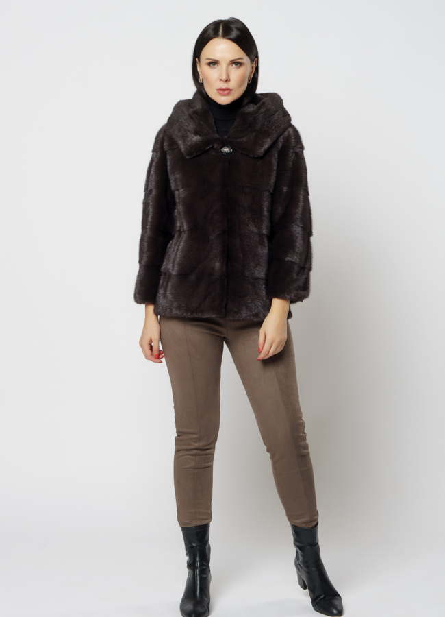 Норковая шуба с капюшоном цвета уголь модель № S-821 универмаг малина
