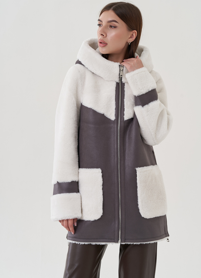 Дубленка в цвете графит с капюшоном модель № 25401 в кредит