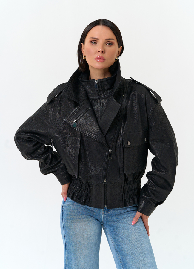 Женская куртка из натуральной кожи модель № 33170 меха малина