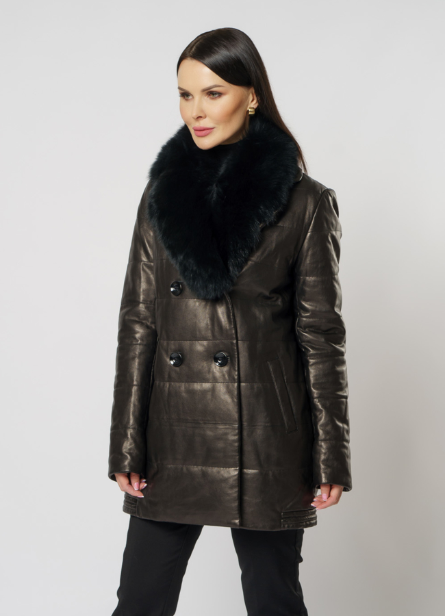 Кожаный пуховик с английским воротником на пуговицах с меховой отделкой  модель № 903 универмаг малина