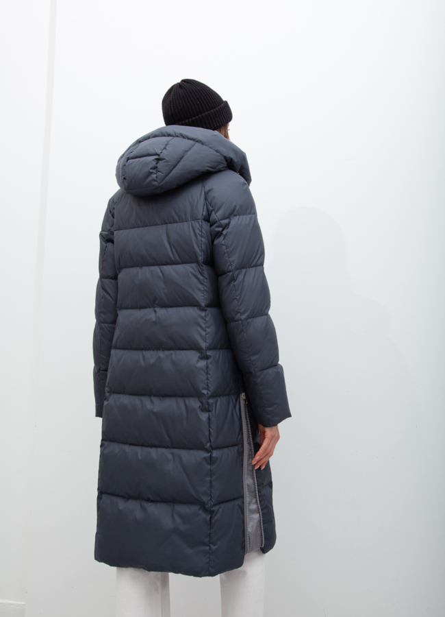 фото Пуховик женский синего цвета с капюшоном модель № 21028