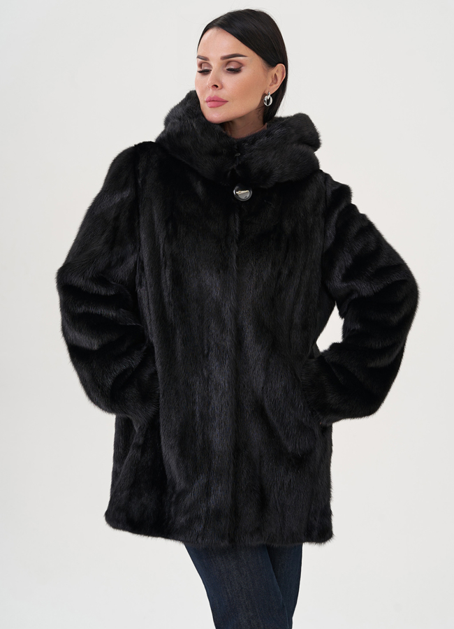 Шуба из норки с капюшоном модель № 24732 меха малина