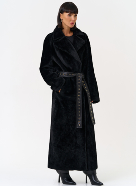 Женская натуральная дубленка с двойным поясом