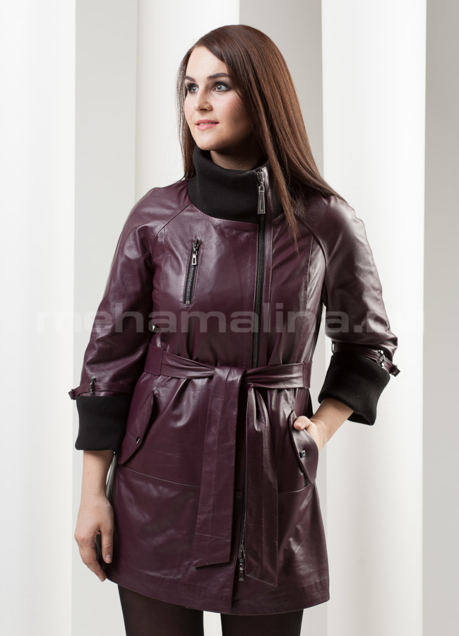 фото Плащ из натуральной кожи с трикотажными вставками модель № K-157