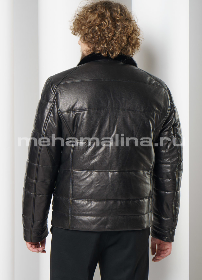 Мужской кожаный пуховик на пуговицах  модель № ПМ-111 в кредит