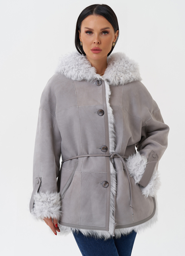 Женская натуральная дубленка с капюшоном модель № 28953 меха малина