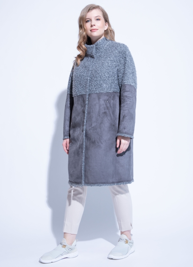 Женская дубленка из эко кожи цвета графит модель № 9104 меха малина