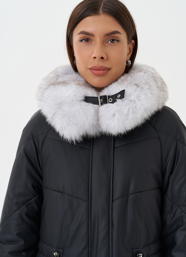 Пуховик из эко кожи с мехом модель № 27724 универмаг малина