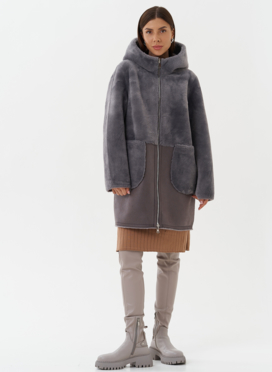 Двухсторонняя эко дубленка с капюшоном