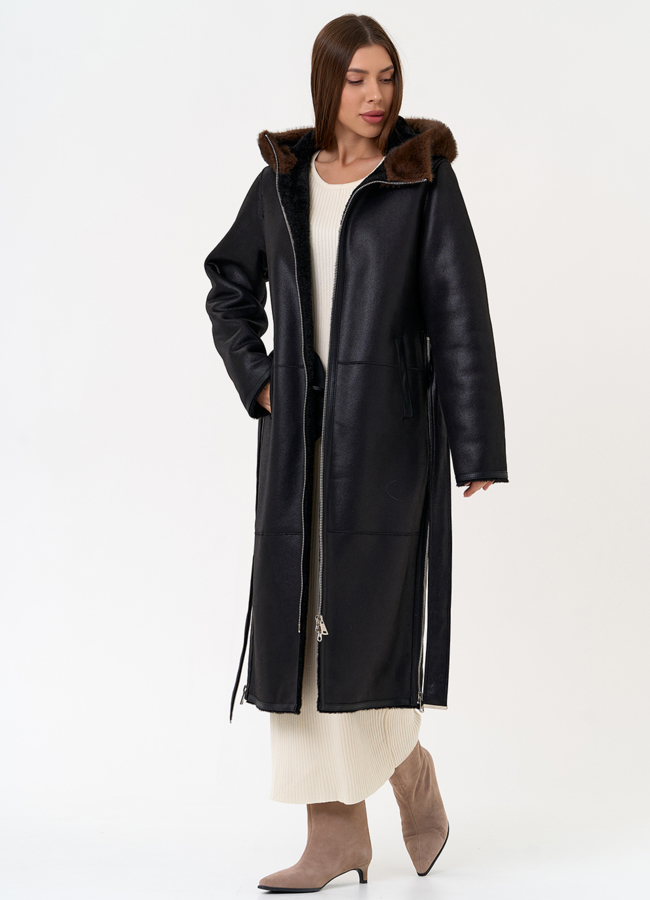 фото Женская дубленка из эко замши с поясом модель № 31432 фото Женская дубленка из эко замши с поясом модель № 31432