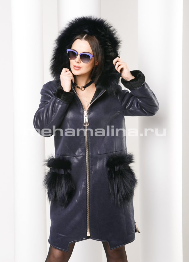 фото Удлиненная дубленка из эко кожи синего цвета модель № S-158
