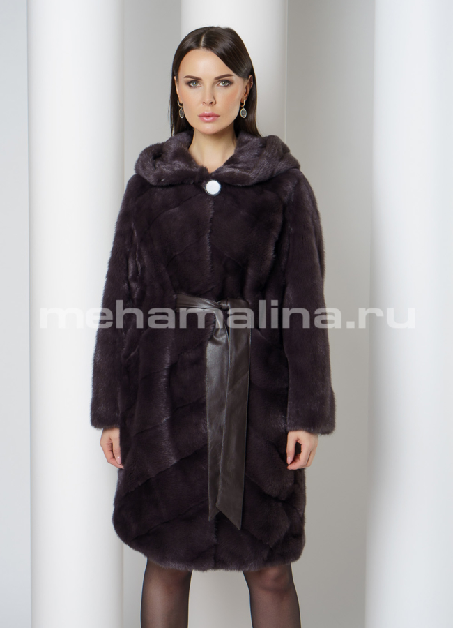 Шуба из норки с капюшоном в цвете уголь модель № S-757 универмаг малина