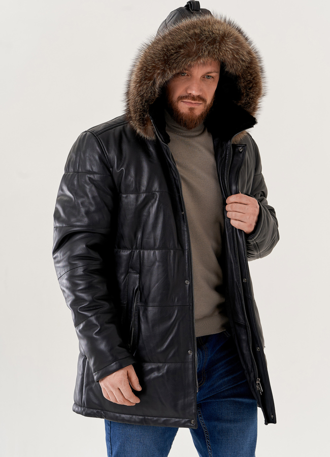 Мужской пуховик из натуральной кожи с капюшоном  модель № 79619 в кредит
