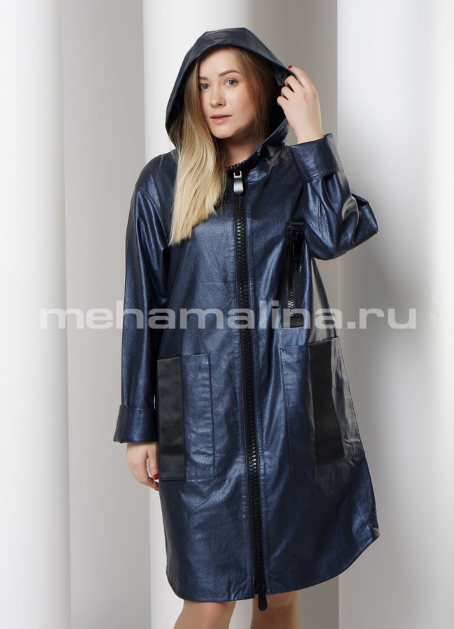 Плащ из эко кожи с капюшоном на молнии модель № 18015 в рассрочку