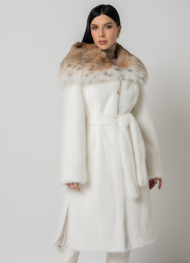 Белая норковая шуба с рысью модель № 1402 универмаг малина