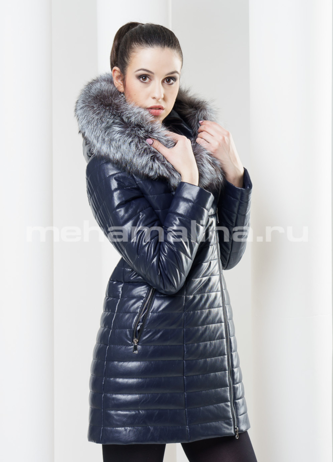 Пуховик из эко кожи модель № П-47 меха малина