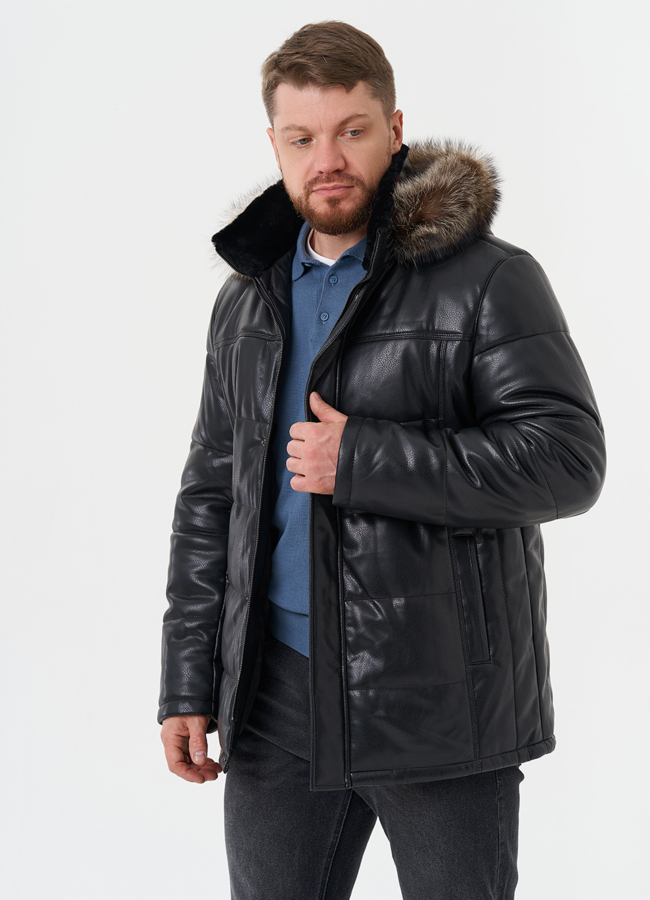 Куртка из эко кожи с отделкой из меха енота модель № 28583 универмаг малина