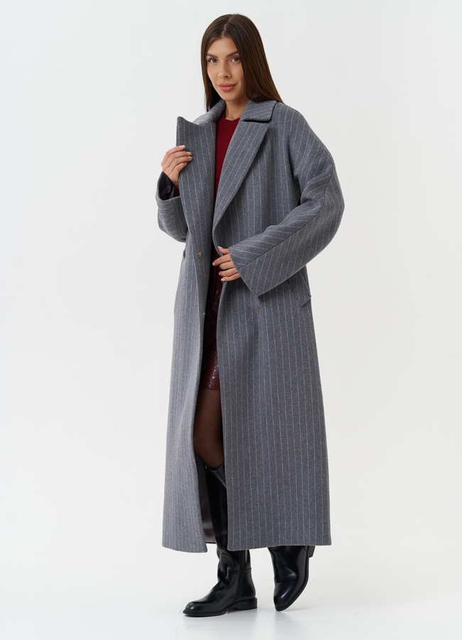 Длинное пальто в полоску модель № 28086 универмаг малина