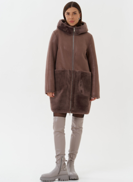 Двухсторонняя дубленка из эко кожи с капюшоном