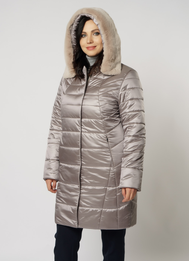 Пуховик с капюшоном на молнии в бежевом цвете модель № 7086 универмаг малина