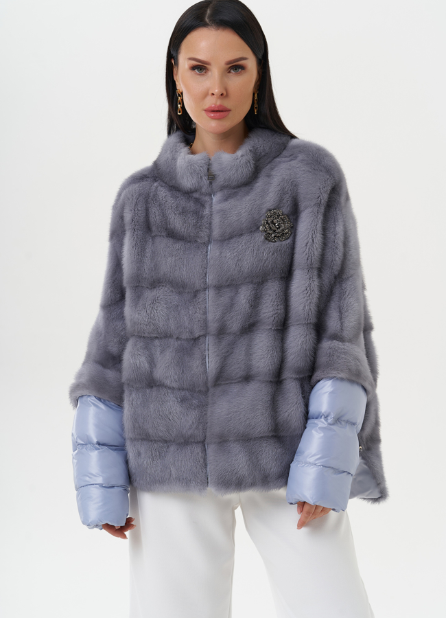 Норковая шуба-трансформер голубого цвета модель № 28077 меха малина