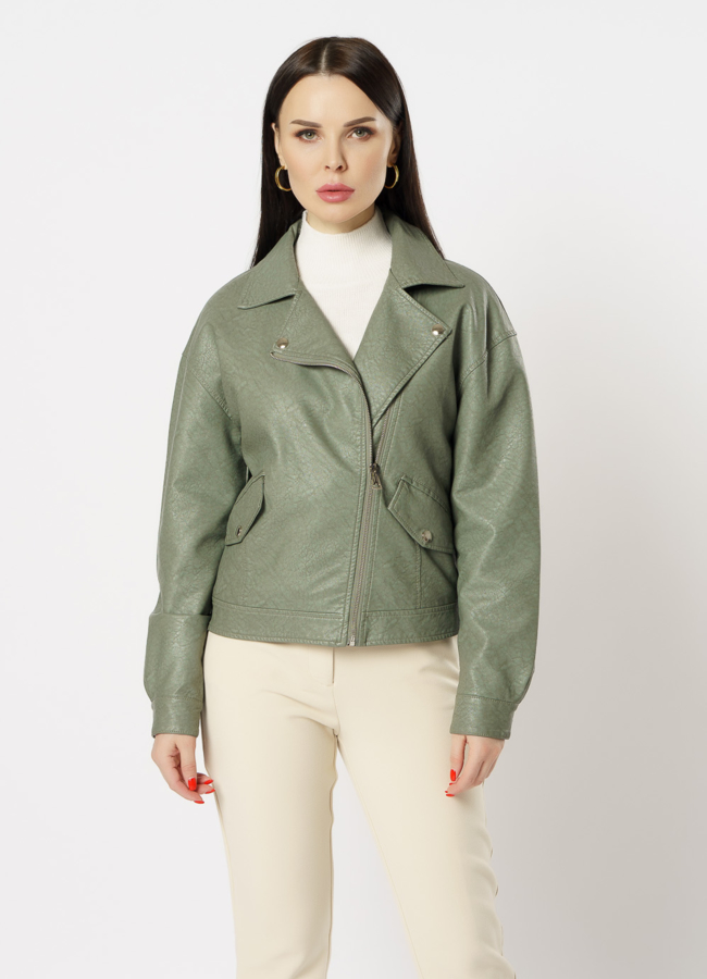 Куртка из эко кожи зеленого цвета модель № 169 меха малина