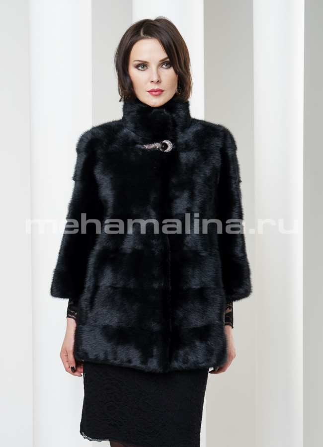 Шуба из норки укороченная, черная поперечка модель № S-178 меха малина