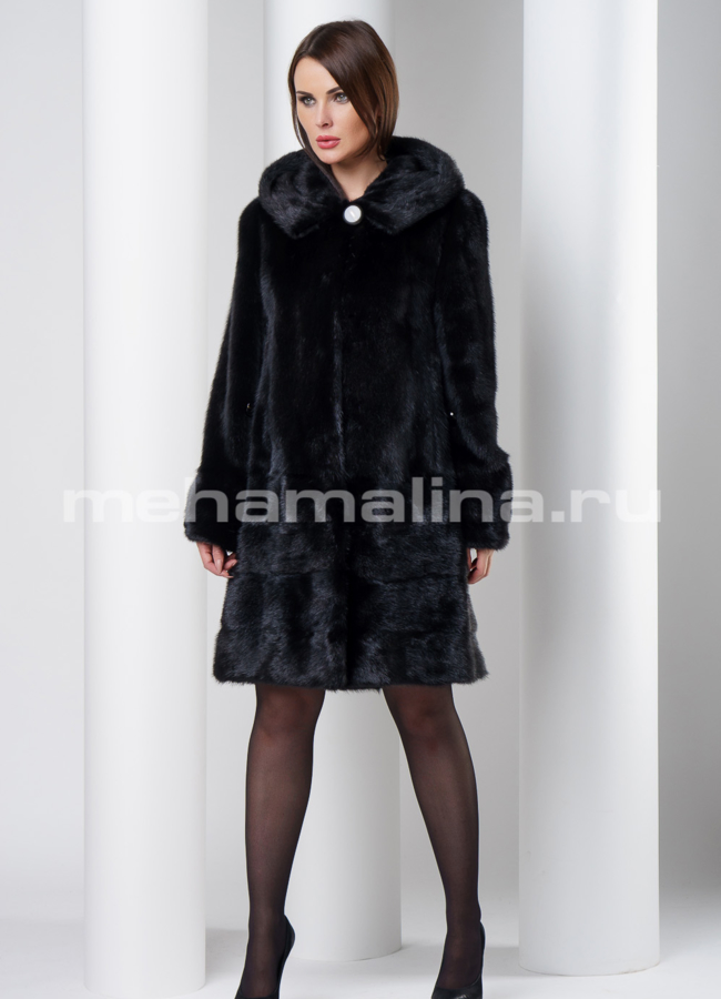 Норковая шуба черного цвета с капюшоном модель № S-544 в рассрочку