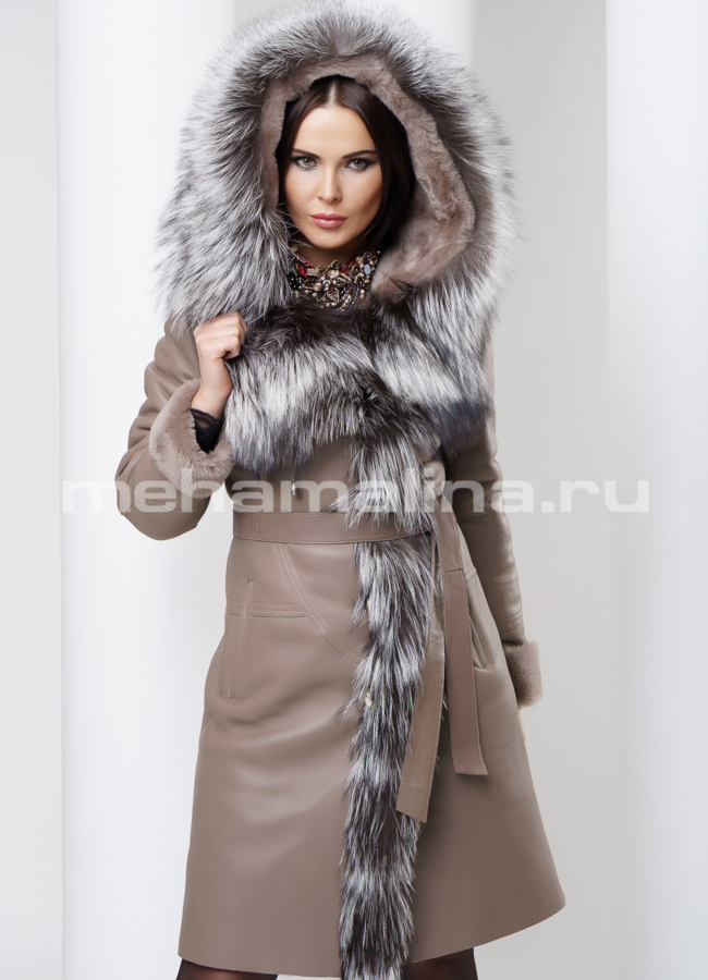 Дубленка с капюшоном модель № D-155 меха малина