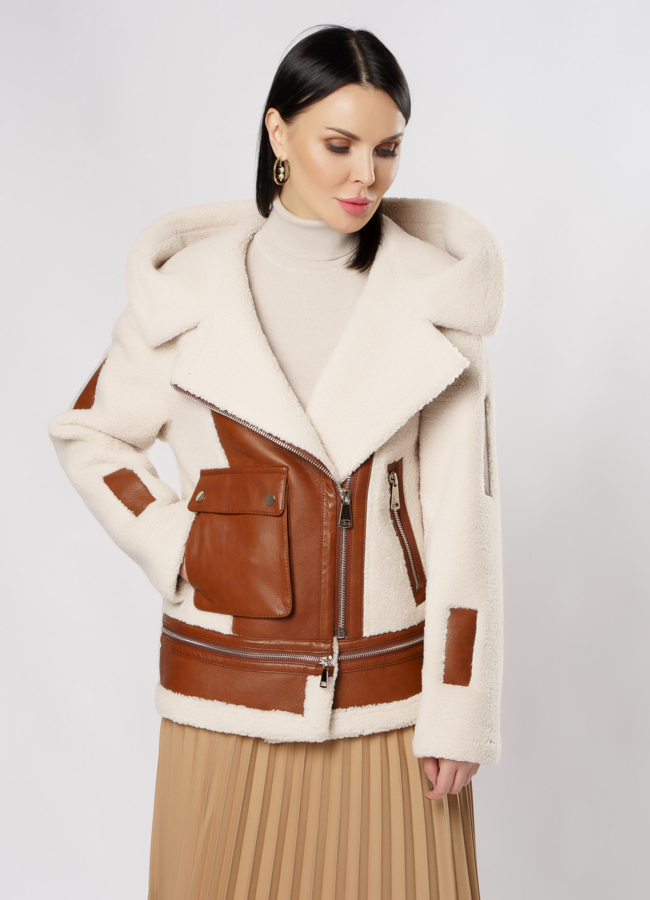 Укороченная дубленка из эко кожи  модель № 2070-1 универмаг малина