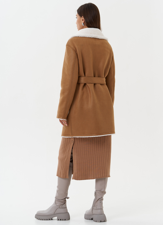 Двухсторонняя дубленка из эко кожи с поясом модель № 27768 универмаг малина