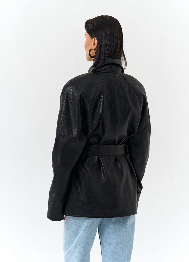 Женская куртка из натуральной кожи  с поясом модель №  в кредит