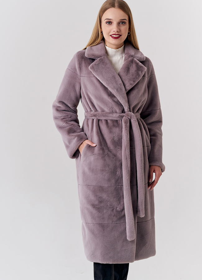 Двустороннаяя шуба из экомеха светло-розового цвета с английским воротником и поясом модель № 21143 универмаг малина