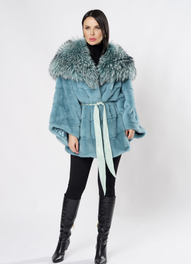 Укороченная норковая шуба с капюшоном светло-зеленого цвета модель № S-851 в рассрочку