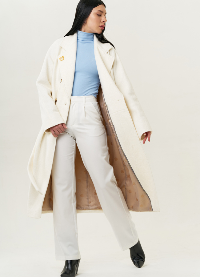 Светлое женское пальто-оверсайз с поясом модель № 22419 универмаг малина