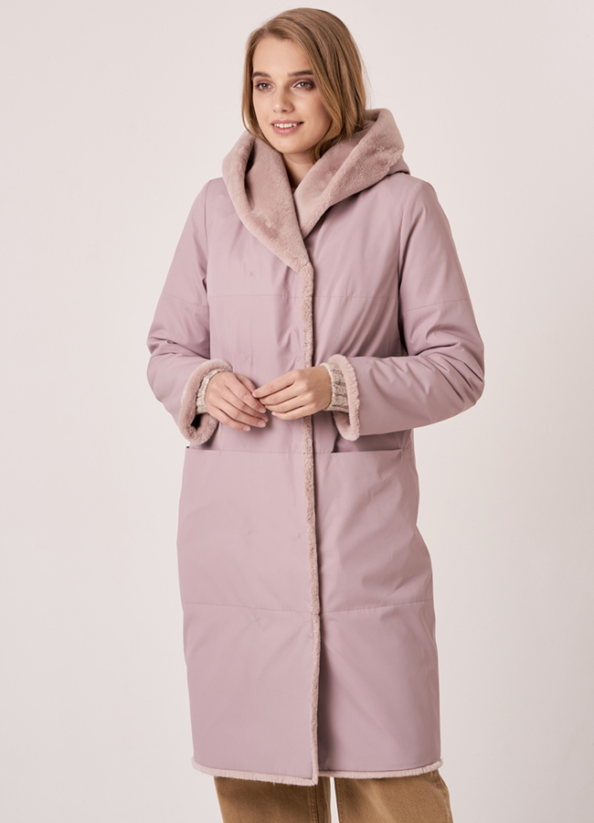 фото Двусторонняя эко шуба с капюшоном модель № 19355