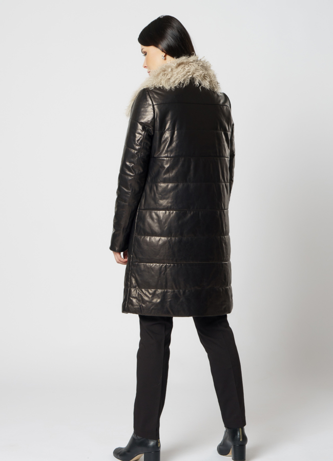 фото Полупальто женское из натуральной кожи черного цвета модель № 2100